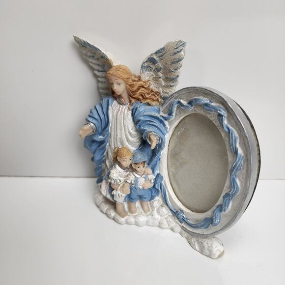 Christmas Décor Ceramic Blue & White Angel w/ Children Small Oval Photo Frame - Picture 4 of 9